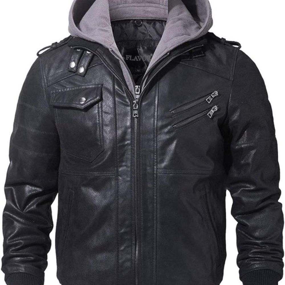 FLAVOR Men Brown Leather Motorcycle Jacket w/ Removable Hood, Black+gray, XLarge